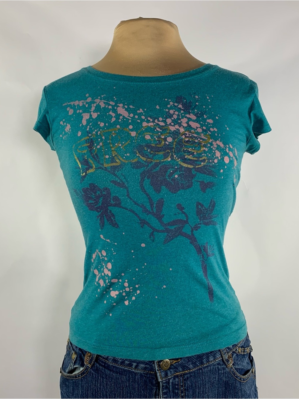 Wet Seal Teal Floral Graphic Baby Tee Y2K 2000s